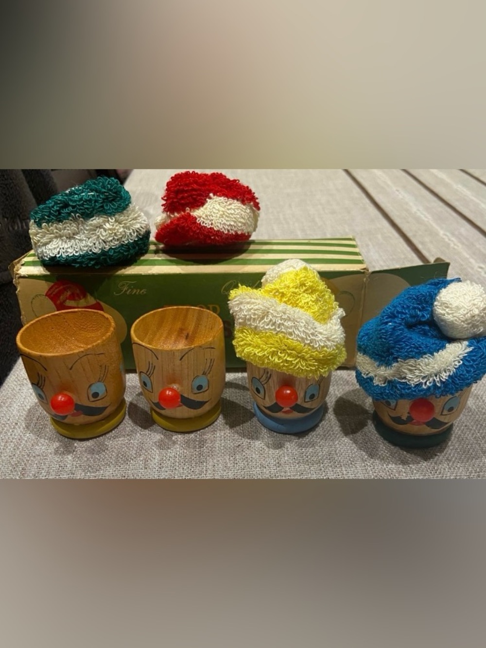 Wooden Vintage Egg Cups with Knit Hats